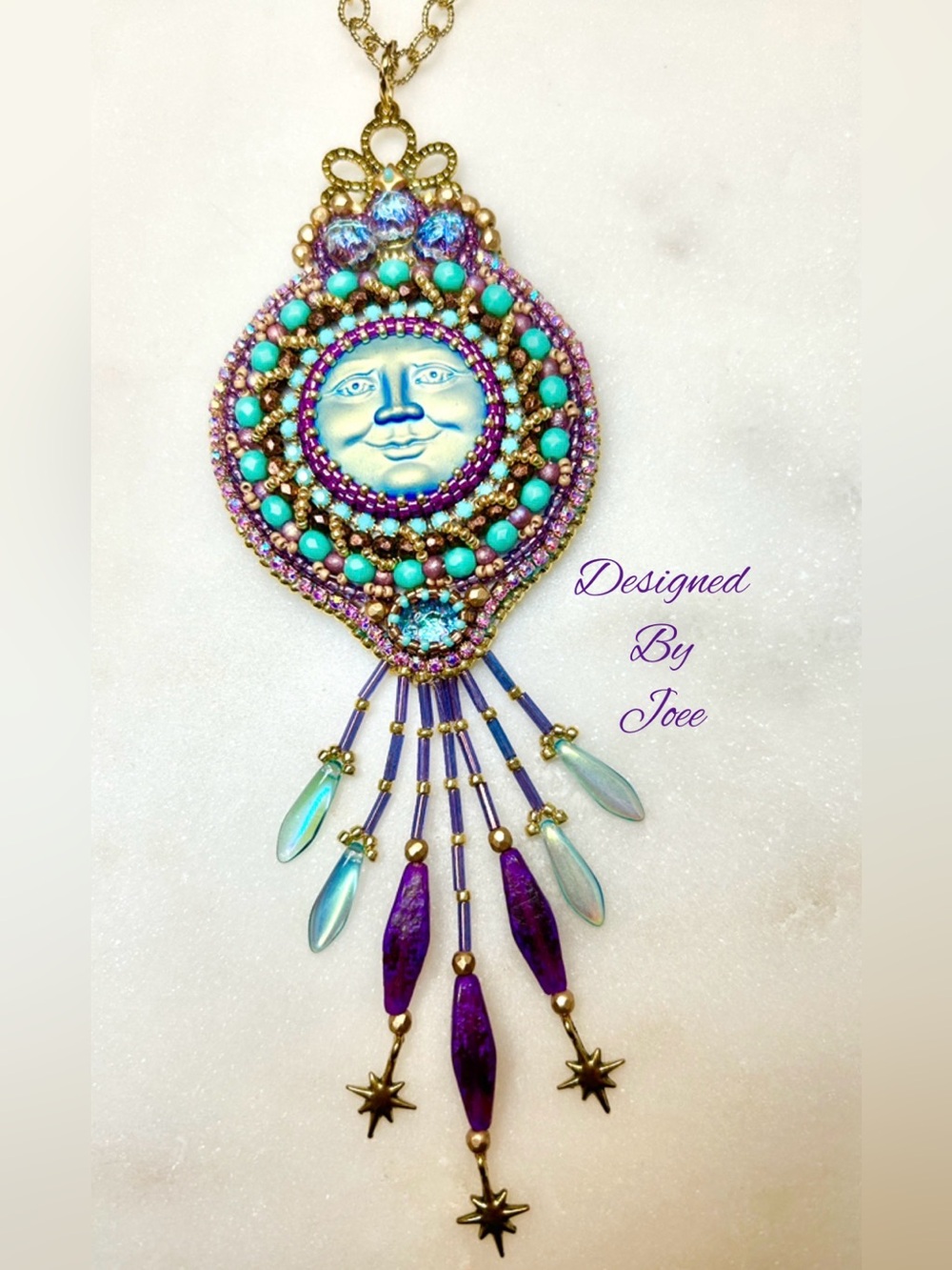 Moon Face Bead Embroidered Pendant